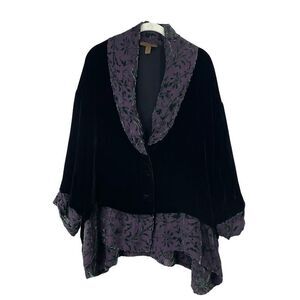 HARARI silk blend velvet oversized boxy top Sz PS Petite black purple boho artsy